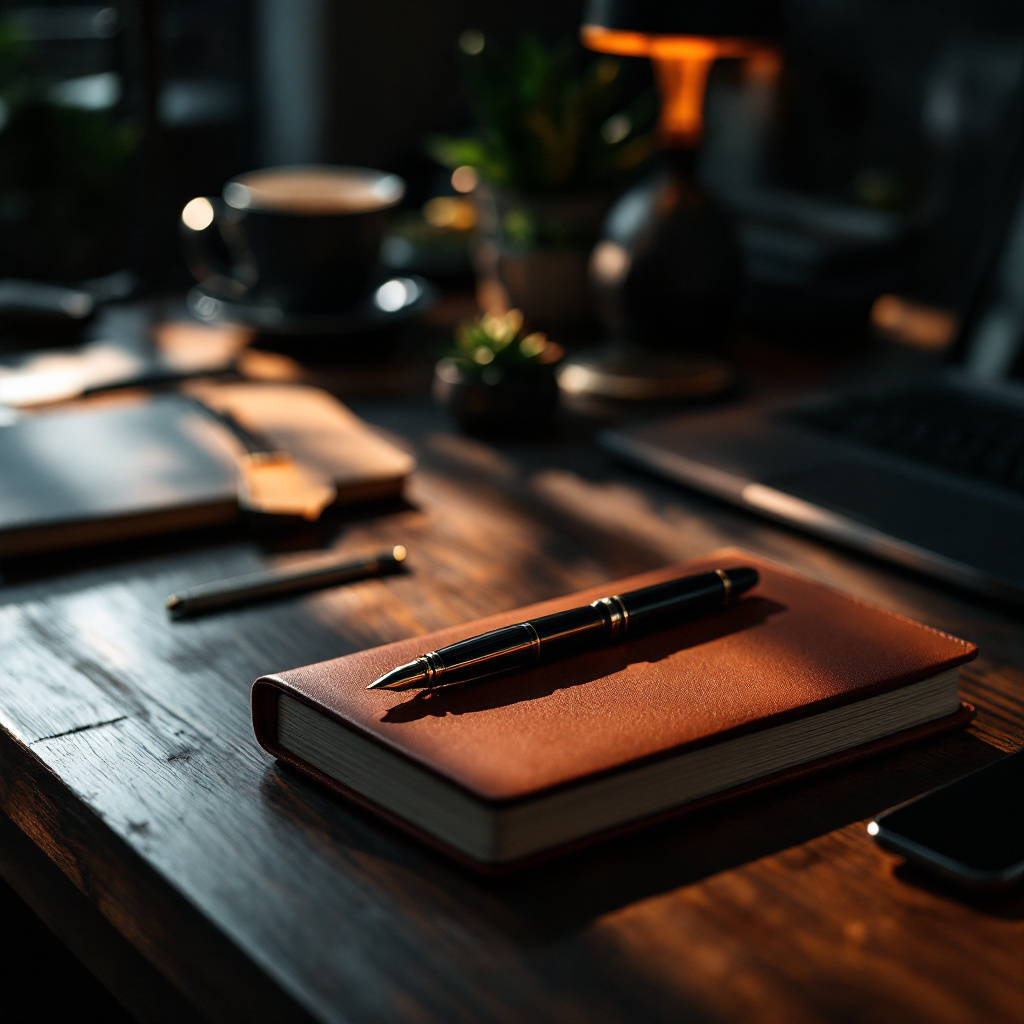A leather-bound journal with a fountain pen on a wooden desk