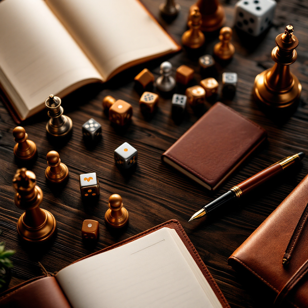 Chess pieces, dice, and notebooks representing the gamified approach to copywriting