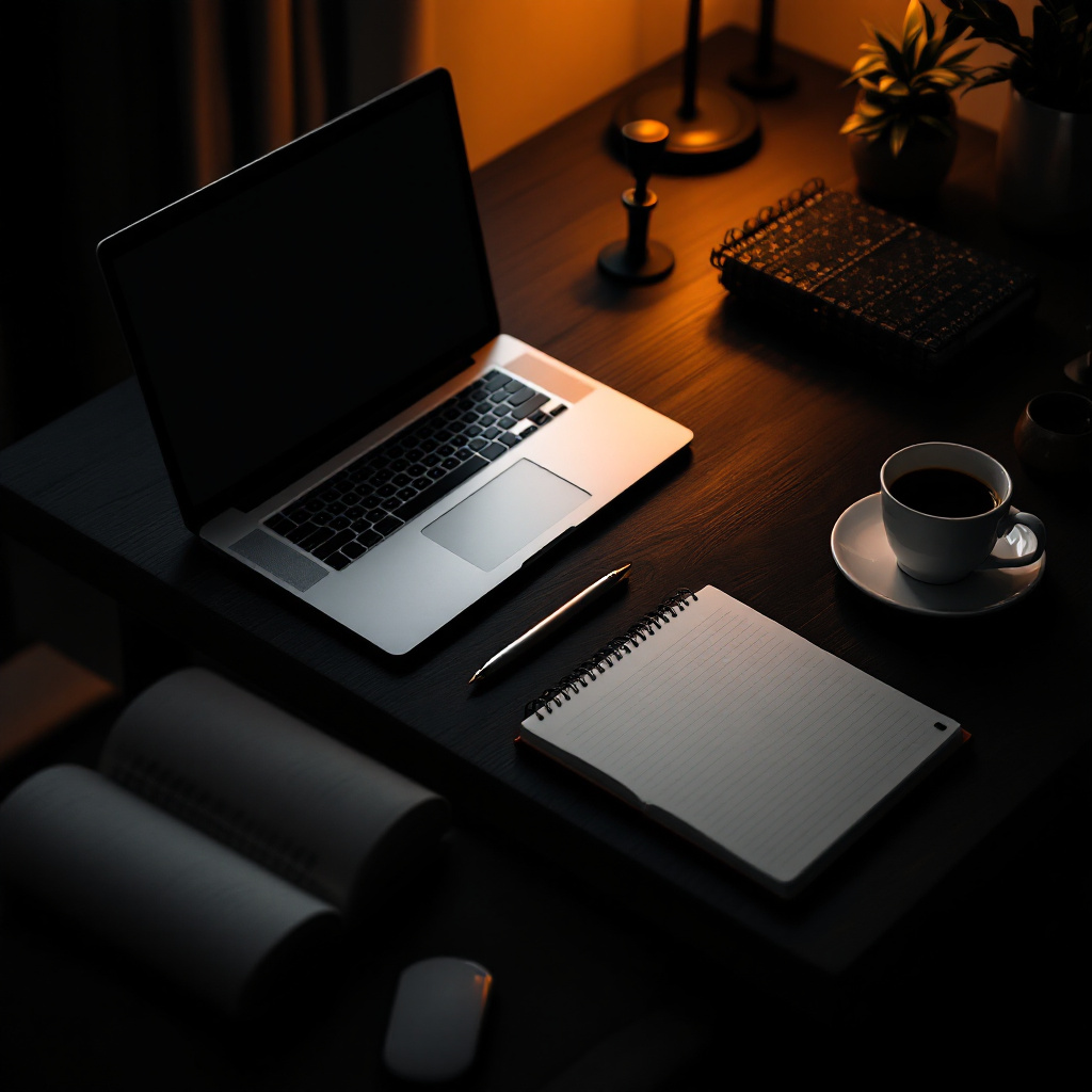 Landing Page Hero Examples - Laptop workspace in warm lighting