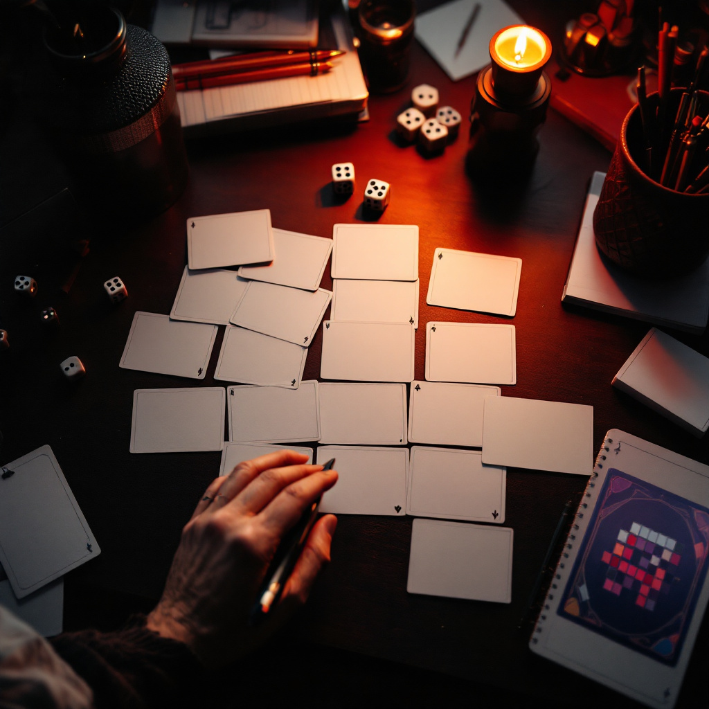Why Quests - Game cards and dice representing the gamified copywriting process