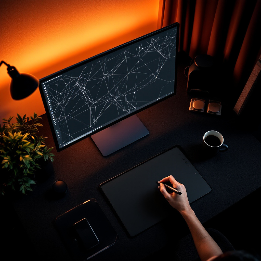 Build a Landing Page Quest - Designer working on wireframes with orange ambient lighting