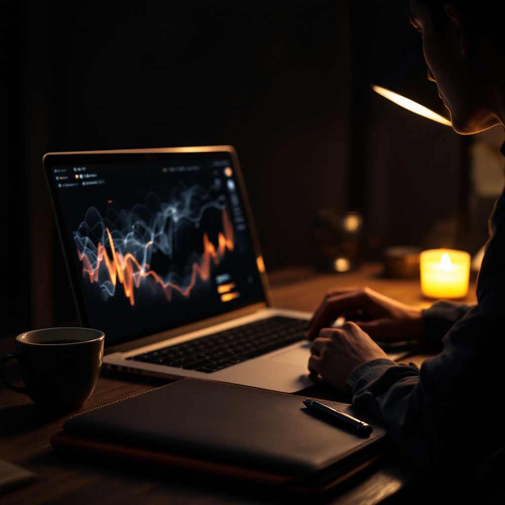 Website Slogan Quest - Person working on laptop with audio visualization